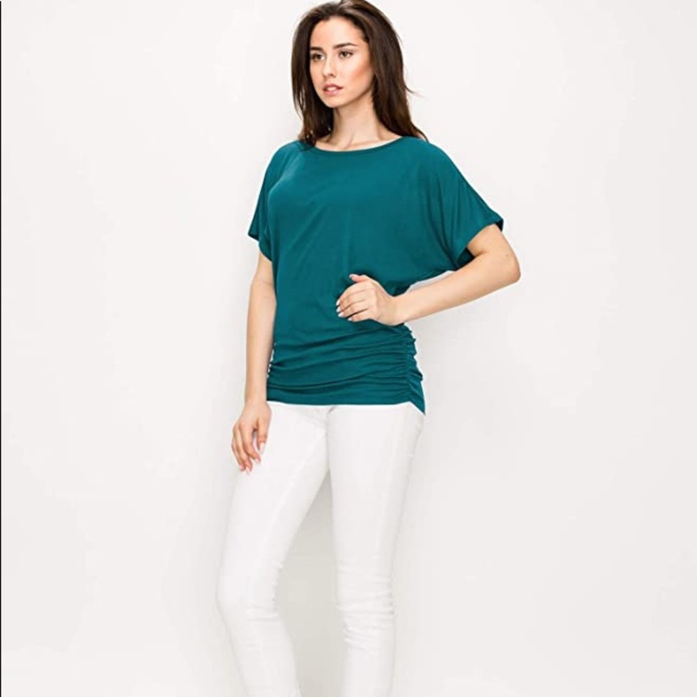 Teal Short Sleeve Boatneck Top with Ruched Side